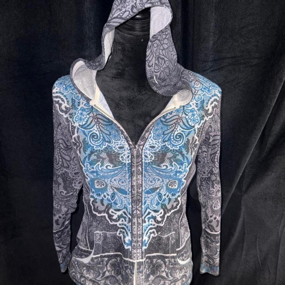 Christopher & Banks Petite Blue Grey Paisley Floral Full Zip Hoodie Sweatshirt
